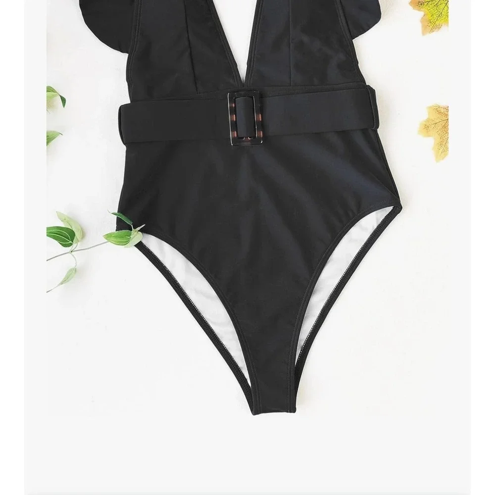 Avanova Black Ruffle One Piece Swimsuit‎ Deep V Neck Belted Bathing Suit M